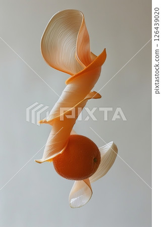An orange slice hangs delicately in the air, elegantly intertwined with its creamy white peel. The composition highlights the vibrant color of the fruit against a soft, neutral background 126439020