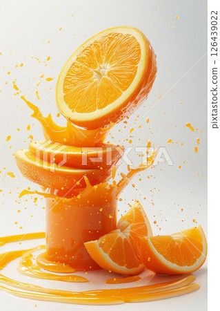 Fresh orange slices are stacked and cut, releasing juice that splashes in an energetic display. The clean background highlights the bright colors and dynamic action of the fruit 126439022