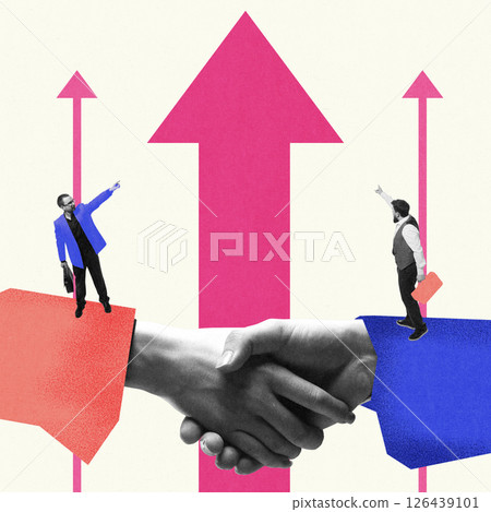 Modern design. Businesspeople stand on handshake pointing to large arrows rising behind. Modern design. Businesspeople stand on handshake pointing to large arrows rising behind. 126439101