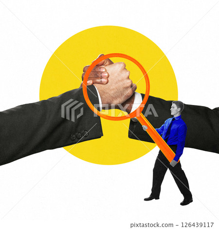 Cut-out collage. Man uses magnifying glass to closely examine handshake. Business deal and agreement. 126439117