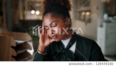 Headache, fatigue and businesswoman in office at night with stress, exhaustion and burnout for deadline. Mistake, overworked and female creative editor with migraine for publishing at magazine agency 126439180