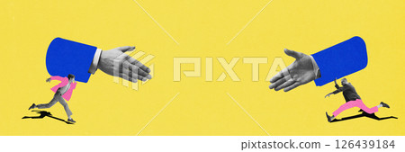 Contemporary collage. Two men in motion push large hands toward handshake across yellow background. Contemporary collage. Two men in motion push large hands toward handshake across yellow background. 126439184