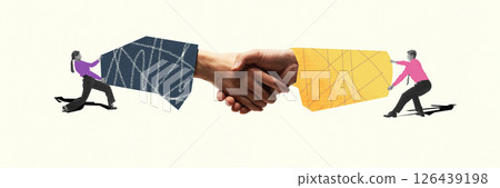 Digital artwork. Two business people pull opposite hands into handshake, showing tension and effort to make a deal. 126439198