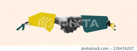Digital art collage illustrating strong business partnership. Two employees pushing hands toward handshake, collaborative effort and agreement. Digital art collage illustrating strong business partnership. Two employees pushing hands toward handshake, collaborative effort and agreement. 126439207