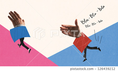 Contemporary collage. Business figures with oversized hands on colorful slope, running away from dialogue marked by Bla-Bla-Bla. 126439212