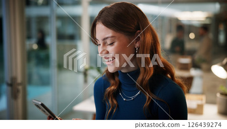 Business woman, cellphone and laugh in office at night for communication, contact or funny email. Female employee, technology and happy with online feedback, social media silly meme and deadline Business woman, cellphone and laugh in office at night for communication, contact or funny email. Female employee, technology and happy with online feedback, social media silly meme and deadline 126439274