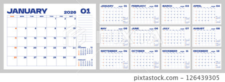 月曆 12 個月套裝，從週日開始，簡單的桌歷 126439305