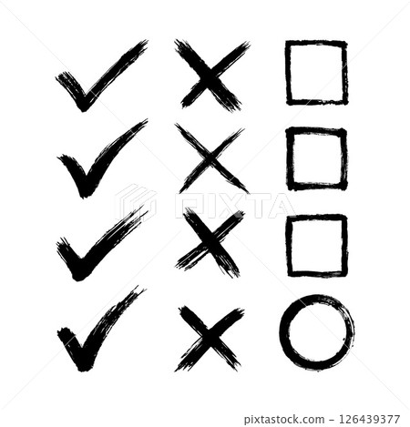 Grunge style brush strokes forming checkmarks, X marks, empty squares and a circle on a clean white background, concept of selection marks 126439377