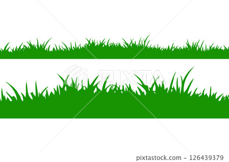 Two horizontal green grass silhouettes with varying blade shapes on a plain white background, representing natural lawn elements 126439379