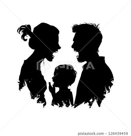 Silhouette of a shouting couple arguing with a child in between them on a white background. Concept of family conflict and emotional distress 126439459