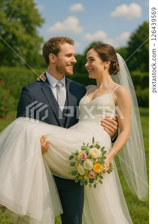 新郎抱著穿婚紗的新娘 新郎抱著穿婚紗的新娘 126439569