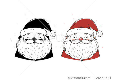 Santa Claus illustrations with black and red hats, smiling bearded faces, minimalistic graphic style on a white background, festive concept 126439581