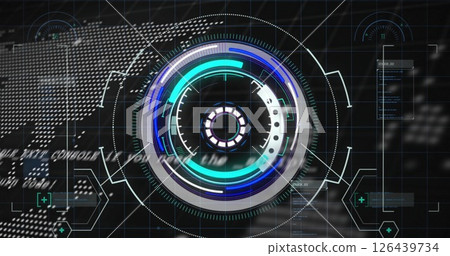 Image of scope scanning over data processing and world map on black background Image of scope scanning over data processing and world map on black background 126439734