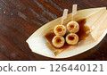 Two Dango on a wooden table. 126440121