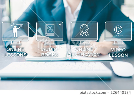 Student can learn through digital education by taking online courses and virtual training, embodying the modern concept of a library without walls. learn, library, digital, education, online, course. 126440184