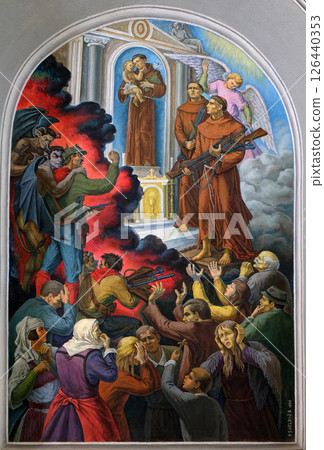Frescoes that depict the persecution of religion in socialist Albania, Franciscan church in Shkoder, Albania Frescoes that depict the persecution of religion in socialist Albania, Franciscan church in Shkoder, Albania 126440353