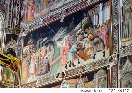The tree grew and was made into a bridge, in front of which the Queen of Sheba kneels, then Solomon has the wood removed and sinks it, fresco by Agnolo Gaddi in Basilica di Santa Croce (Basilica of The tree grew and was made into a bridge, in front of which the Queen of Sheba kneels, then Solomon has the wood removed and sinks it, fresco by Agnolo Gaddi in Basilica di Santa Croce (Basilica of 126440357