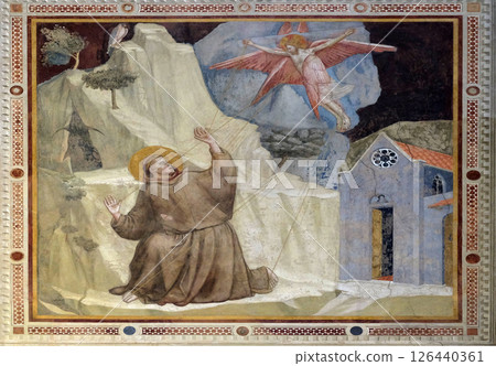 St. Francis Receiving the Stigmata, fresco by Giotto, in the Bardi Chapel of the Basilica di Santa Croce (Basilica of the Holy Cross) in Florence, Italy St. Francis Receiving the Stigmata, fresco by Giotto, in the Bardi Chapel of the Basilica di Santa Croce (Basilica of the Holy Cross) in Florence, Italy 126440361
