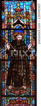 Catholic Saint, stained glass window in the Basilica di Santa Croce (Basilica of the Holy Cross) - famous Franciscan church in Florence, Italy Catholic Saint, stained glass window in the Basilica di Santa Croce (Basilica of the Holy Cross) - famous Franciscan church in Florence, Italy 126440367