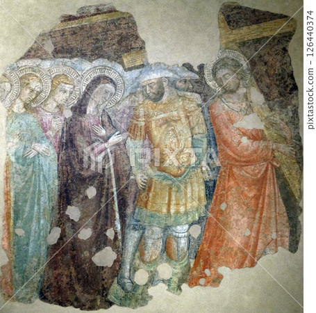 The Asccent to Calvary, fresco by Florentine painter, Basilica di Santa Croce (Basilica of the Holy Cross) in Florence, Italy The Asccent to Calvary, fresco by Florentine painter, Basilica di Santa Croce (Basilica of the Holy Cross) in Florence, Italy 126440374