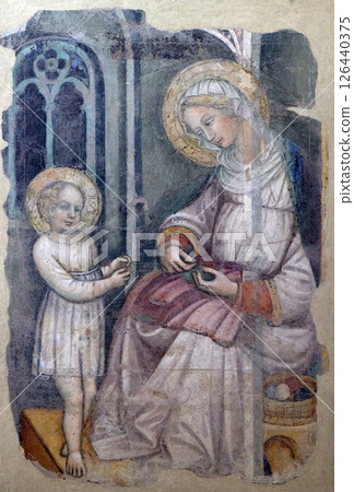 Madonna sewing and the Child playing, fresco by Giovanni di Taneo Fei, Basilica di Santa Croce (Basilica of the Holy Cross) in Florence, Italy Madonna sewing and the Child playing, fresco by Giovanni di Taneo Fei, Basilica di Santa Croce (Basilica of the Holy Cross) in Florence, Italy 126440375