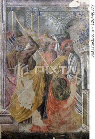 Martyrdom of St. Thomas the Apostle, fresco by Circle of Andrea Castagno, Basilica of Santa Croce (Basilica of the Holy Cross) in Florence, Italy 126440377