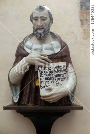 Saint with Book, sculpture by Giovanni della Robbia from Medici Chapel, Basilica di Santa Croce (Basilica of the Holy Cross) in Florence, Italy 126440382