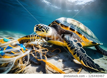 Marine Turtle Entangled in a Fishing Net Amid Plastic Pollution 126440467