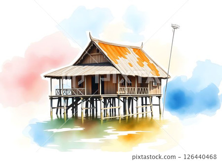 Watercolor of a Traditional Wooden House on Stilts in Inle Lake, Myanmar 126440468