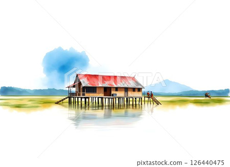 Inle Lake, Myanmar Watercolor of a Wooden House on Stilts Over Water 126440475