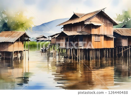 Watercolor of a Traditional Wooden Stilt House on Inle Lake, Myanmar Watercolor of a Traditional Wooden Stilt House on Inle Lake, Myanmar 126440488