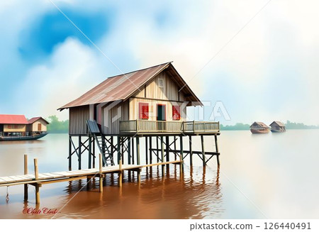 Scenic Wooden Stilt House on Inle Lake, Myanmar Watercolor Painting 126440491