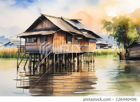 Traditional Wooden House on Stilts in Inle Lake, Myanmar Watercolor Art Traditional Wooden House on Stilts in Inle Lake, Myanmar Watercolor Art 126440496