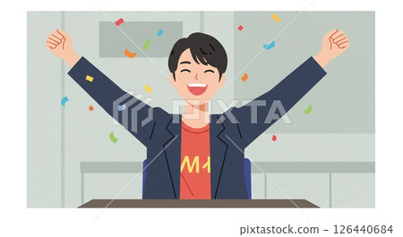 Goal achieved! A Japanese businessman pumping his fist in joy 126440684