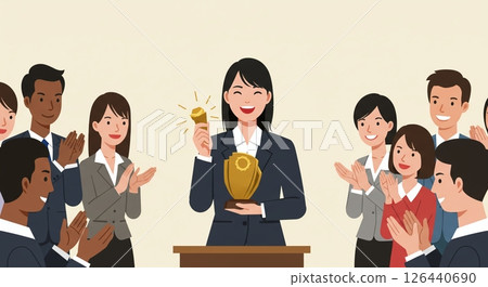 Grabbing the rewards: Smiling Japanese businesswoman with a trophy 126440690