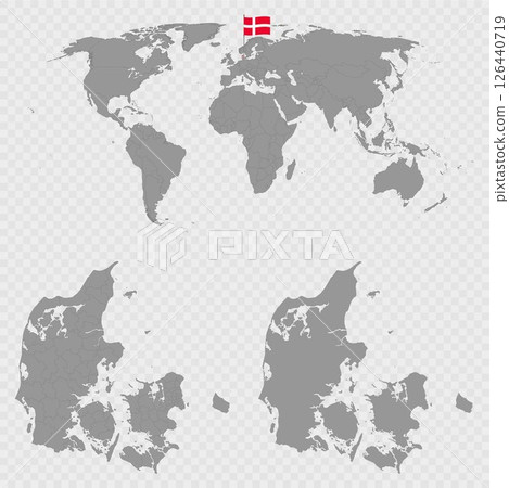 Denmark Municipalities Map Set with World Location. Denmark Municipalities Map Set with World Location. 126440719