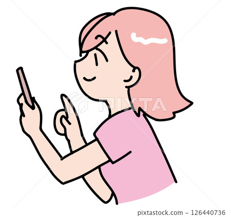 Side profile of a smiling woman operating a smartphone 126440736