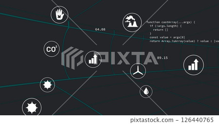 Image of eco icons and data processing over black background 126440765