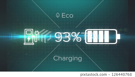 Image of battery charge icon and data processing over black background Image of battery charge icon and data processing over black background 126440768