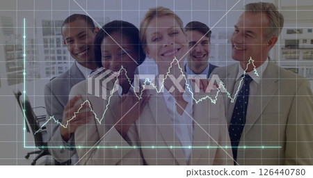 Image of diagram over diverse business people smiling in office Image of diagram over diverse business people smiling in office 126440780
