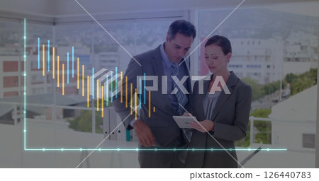 Image of diagram over caucasian business people talking in office Image of diagram over caucasian business people talking in office 126440783