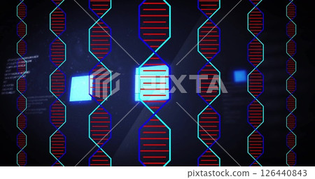 Image of dna strands over data processing on black background Image of dna strands over data processing on black background 126440843