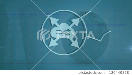 Image of network of connections with technology icons over globe on blue background Image of network of connections with technology icons over globe on blue background 126440858