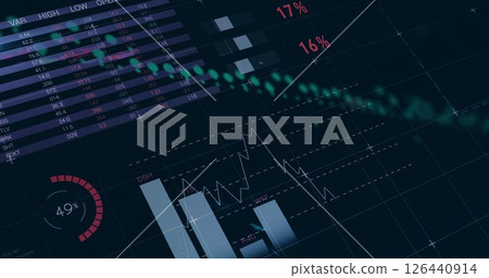Image of data processing and diagrams over world map on black background Image of data processing and diagrams over world map on black background 126440914