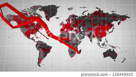 Image of red lines and digital data processing over world map 126440920