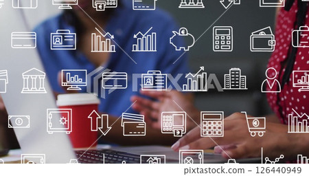 Image of business icons over biracial colleagues discussing work 126440949