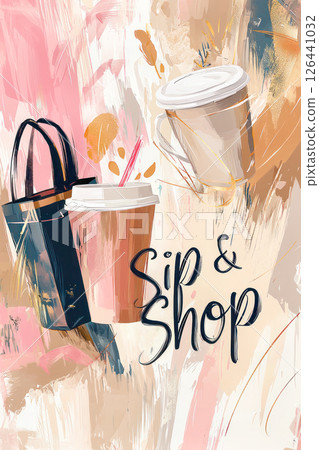 Sip & Shop concept featuring an artistic illustration of coffee cups, shopping bags, and abstract patterns in warm pastel tones. 126441032