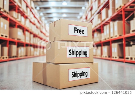 Free Shipping Day concept featuring stacked cardboard boxes labeled free shipping in a large warehouse with rows of shelves. 126441035