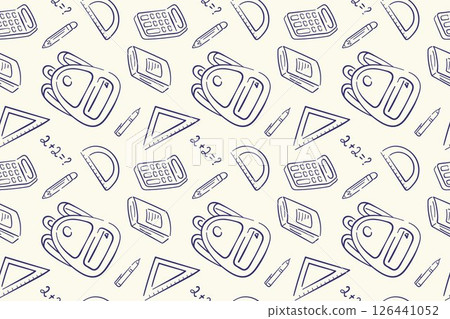 Doodle style back to school seamless pattern with stationery supplies, exercise book, calculator, backpack, ruler on a beige background. 126441052