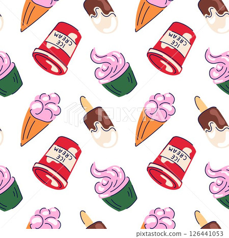Seamless pattern with ice cream cone, popsicle cup and cupcake in flat style on white background. Perfect for dessert packaging, summer theme design and sweet food illustration. 126441053